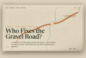 Map-style illustration of a shared gravel road crossing Sugar Creek at a low-water slab — Who Fixes the Gravel Road? Missouri private roads, RSMo 228.369