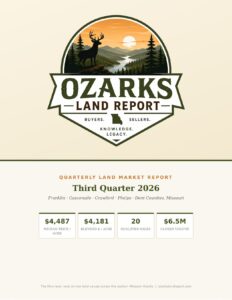 Cover of the Q3 2026 Ozarks Land Report: eastern Missouri Ozarks bare-land values